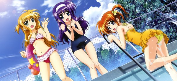 Anime picture 8902x4089 with mahou shoujo lyrical nanoha megami magazine takamachi nanoha arisa bannings tsukimura suzuka long hair highres open mouth blue eyes light erotic blonde hair wide image purple eyes multiple girls green eyes absurdres purple hair orange hair official art girl