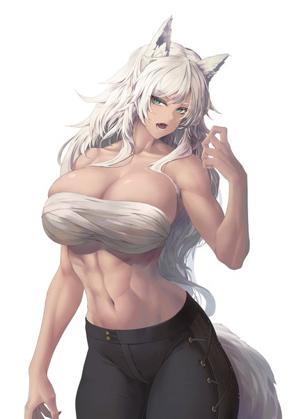 Anime picture 900x1290 with original limeblock single long hair tall image looking at viewer fringe breasts open mouth light erotic simple background standing green eyes animal ears white hair tail animal tail arm up teeth huge breasts