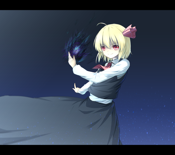 Anime picture 1300x1150 with touhou rumia 40cabbage single short hair blonde hair smile hair between eyes red eyes looking away ahoge magic dark background letterboxed girl skirt bow hair bow vest skirt set