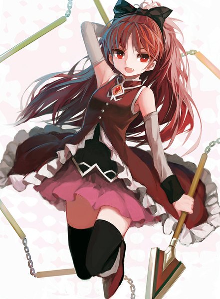 Anime picture 735x1000 with mahou shoujo madoka magica shaft (studio) sakura kyouko zen33n single long hair tall image looking at viewer open mouth simple background red eyes white background ponytail red hair teeth fang (fangs) jumping magical girl girl thighhighs
