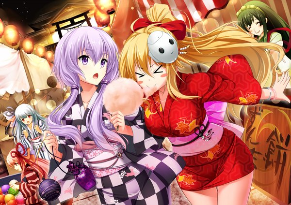 Anime picture 1753x1240 with vocaloid voiceroid yuzuki yukari tsurumaki maki kotonoha akane touhoku zunko kotonoha aoi bug (artist) long hair blush fringe highres open mouth blonde hair smile hair between eyes red eyes standing twintails purple eyes