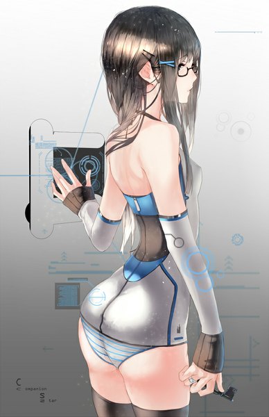 Anime picture 700x1082 with original hadean92 single long hair tall image light erotic brown hair from behind black eyes inscription back girl thighhighs hair ornament underwear panties black thighhighs detached sleeves glasses hairclip