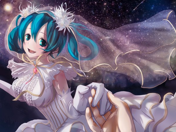 Anime picture 1200x900 with vocaloid hatsune miku keepout smile twintails aqua eyes aqua hair night alternate hairstyle pov girl dress gloves elbow gloves white gloves white dress wedding dress