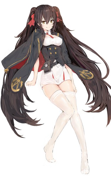 Anime picture 2000x3200 with girls frontline qbz-97 (girls frontline) silver (chenwen) single tall image looking at viewer blush fringe highres breasts smile hair between eyes brown hair white background sitting twintails yellow eyes payot bent knee (knees) very long hair
