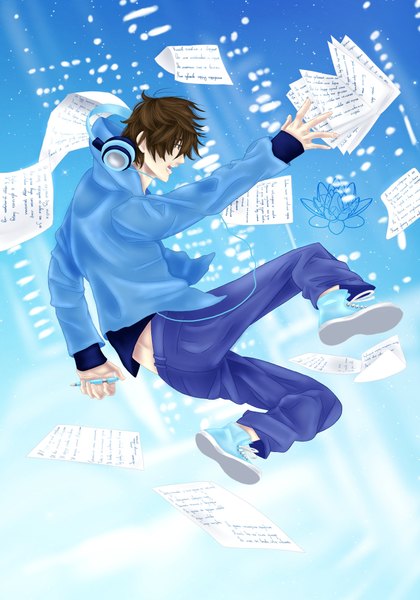Anime picture 1600x2286 with original yaroslavapanina single tall image open mouth brown hair brown eyes profile inscription text blue background jumping weightlessness falling boy shoes headphones book (books) sneakers paper