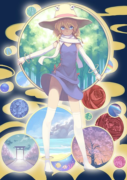 Anime picture 827x1169 with touhou moriya suwako madyy single tall image looking at viewer blush short hair blue eyes blonde hair smile sky cloud (clouds) no shoes cherry blossoms girl thighhighs dress skirt flower (flowers)