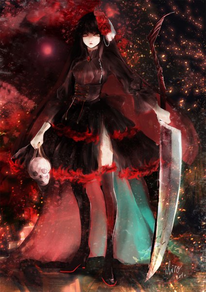 Anime picture 1061x1500 with original ihiro long hair tall image black hair brown eyes signed lacing girl thighhighs dress hair ornament flower (flowers) weapon black thighhighs rose (roses) skull corset brooch