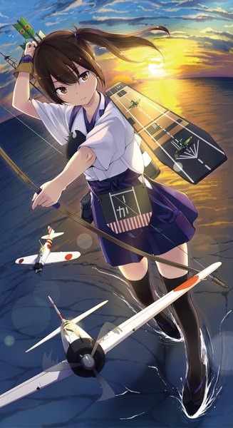 Anime picture 4134x7579 with kantai collection kaga aircraft carrier unasaka ryou long hair tall image looking at viewer fringe highres brown hair standing green eyes absurdres sky cloud (clouds) ponytail traditional clothes japanese clothes wind sunlight short sleeves
