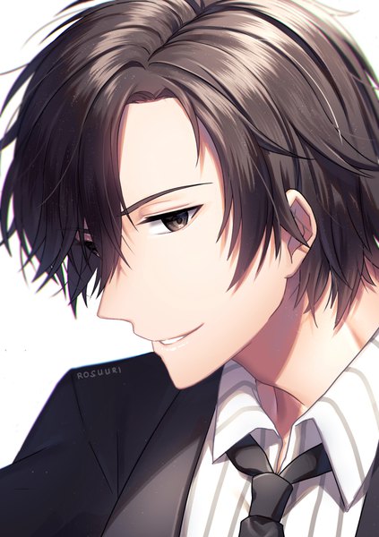 Anime picture 700x993 with mystic messenger jumin han rosuuri single tall image looking at viewer fringe short hair simple background smile hair between eyes brown hair white background brown eyes upper body profile portrait striped boy shirt