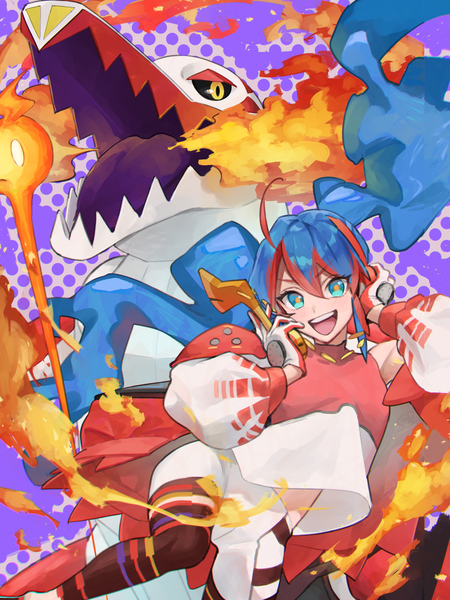 Anime picture 3070x4093 with pokemon vocaloid nintendo project voltage hatsune miku skeledirge fire miku (project voltage) bossan 3310 single long hair tall image looking at viewer fringe highres open mouth hair between eyes twintails blue hair absurdres ahoge