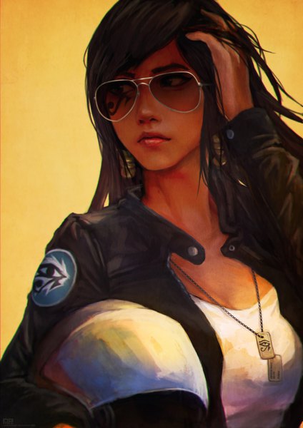 Anime picture 2480x3508 with overwatch blizzard entertainment pharah (overwatch) monori rogue single long hair tall image highres black hair simple background looking away lips gradient background hand on head yellow background girl jacket pendant sunglasses