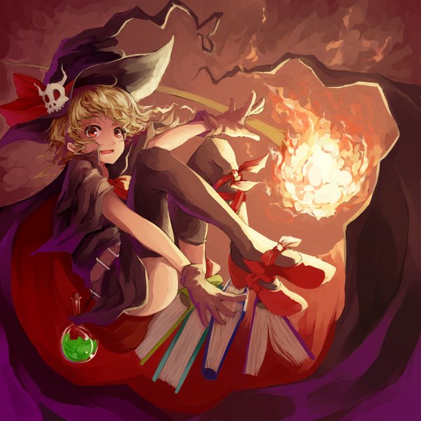 Anime picture 1286x1286 with original nanahara fuyuki short hair blonde hair red eyes girl thighhighs gloves black thighhighs book (books) witch hat fire skull