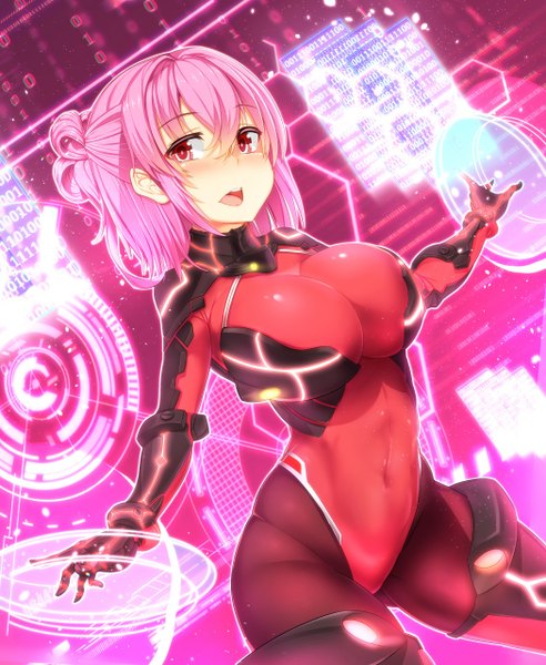 Anime picture 1050x1280 with original karaage (ta-na) single tall image blush short hair breasts open mouth light erotic red eyes large breasts looking away pink hair skin tight girl bodysuit