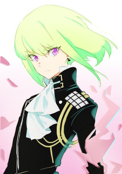 Anime-Bild 564x800 mit promare studio trigger lio fotia az (kroneko007) single tall image looking at viewer fringe short hair hair between eyes purple eyes upper body green hair wind gradient background boy earrings ascot