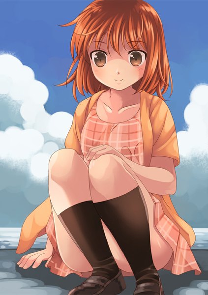 Anime picture 705x1000 with original akatsuki miho kouno hikaru single tall image looking at viewer blush short hair smile brown eyes cloud (clouds) orange hair girl dress socks black socks