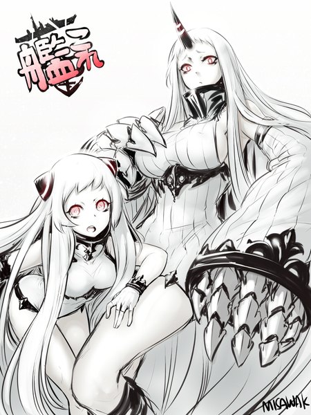 Anime picture 750x1000 with kantai collection seaport hime airfield hime misawa k long hair tall image looking at viewer breasts open mouth light erotic simple background large breasts white background multiple girls signed white hair very long hair pink eyes horn (horns) inscription