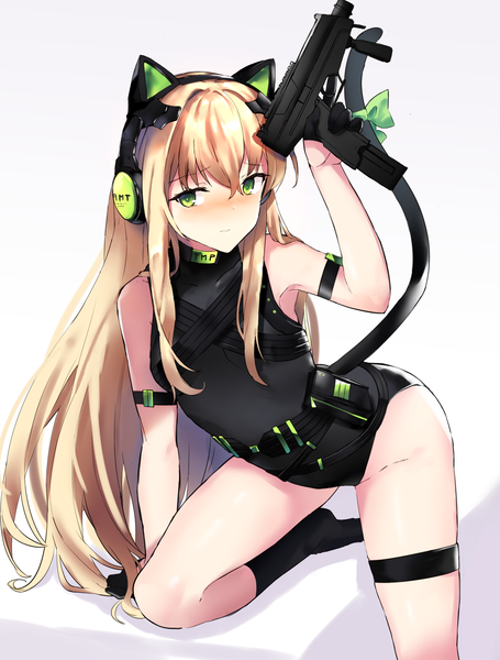 Anime picture 1262x1664 with girls frontline tmp (girls frontline) chamnaitu single long hair tall image looking at viewer blush fringe light erotic simple background hair between eyes holding animal ears payot full body tail animal tail arm up cat ears