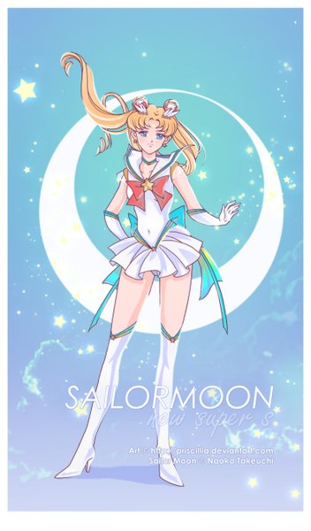 Anime picture 800x1362 with bishoujo senshi sailor moon toei animation tsukino usagi sailor moon tholiaart single long hair tall image blue eyes blonde hair standing twintails sky pleated skirt hair bun (hair buns) character names blue background crescent girl skirt