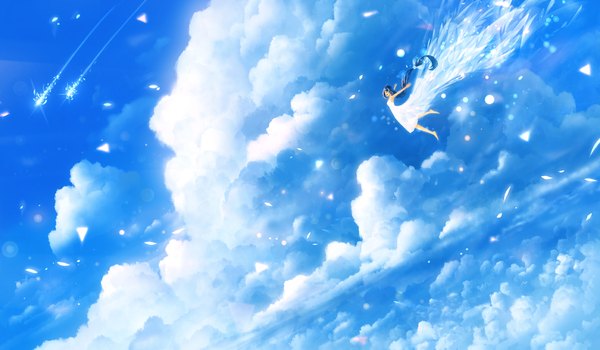 Anime picture 2304x1344 with original bounin single long hair highres open mouth black hair wide image bare shoulders sky cloud (clouds) full body eyes closed barefoot wind happy spread arms low ponytail shooting star girl