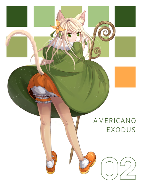 Anime picture 1633x2103 with americano exodus nina diaz jumjumi1005 single long hair tall image looking at viewer fringe light erotic blonde hair simple background green eyes animal ears tail animal tail from behind cat ears bare legs :o cat girl