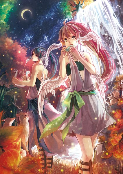 Anime picture 768x1084 with original amaichi esora long hair tall image looking at viewer fringe smile brown hair standing multiple girls sky ponytail multicolored hair night two-tone hair night sky bare back head wings white wings crescent