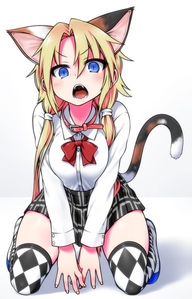 Anime picture 1400x2177 with original chankodining waka single long hair tall image looking at viewer open mouth blue eyes simple background blonde hair white background sitting twintails animal ears tail animal tail pleated skirt cat ears cat girl cat tail