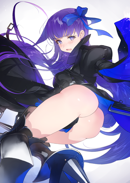 Anime picture 1254x1771 with fate (series) fate/extra fate/extra ccc meltryllis (fate) tonito single tall image looking at viewer blush fringe open mouth light erotic simple background purple eyes purple hair ass blunt bangs very long hair girl ribbon (ribbons)