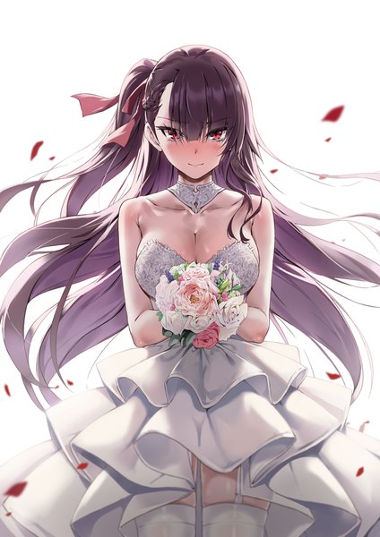 Anime picture 800x1131 with girls frontline wa2000 (girls frontline) rainmaker single long hair tall image looking at viewer blush fringe breasts light erotic simple background smile hair between eyes red eyes large breasts standing white background bare shoulders holding