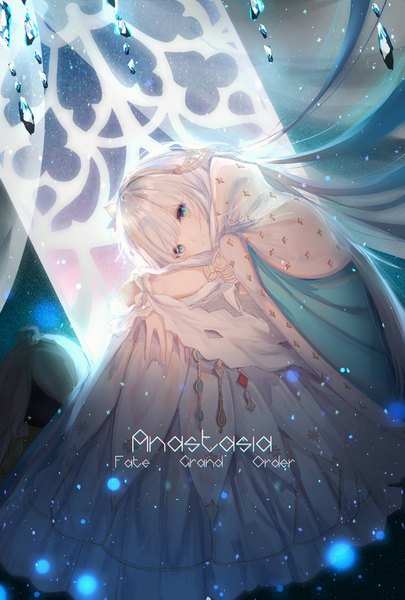 Anime picture 1181x1748 with fate (series) fate/grand order anastasia (fate) viy (fate) tomaat single tall image looking at viewer blush fringe blue eyes hair between eyes sitting signed silver hair full body very long hair head tilt copyright name character names