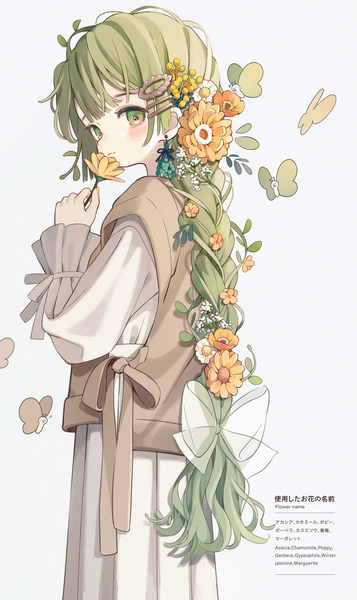 Anime-Bild 2067x3476 mit original shiraho (color-56) single long hair tall image highres simple background standing white background green eyes looking away braid (braids) hair flower green hair single braid girl flower (flowers) earrings hairclip insect