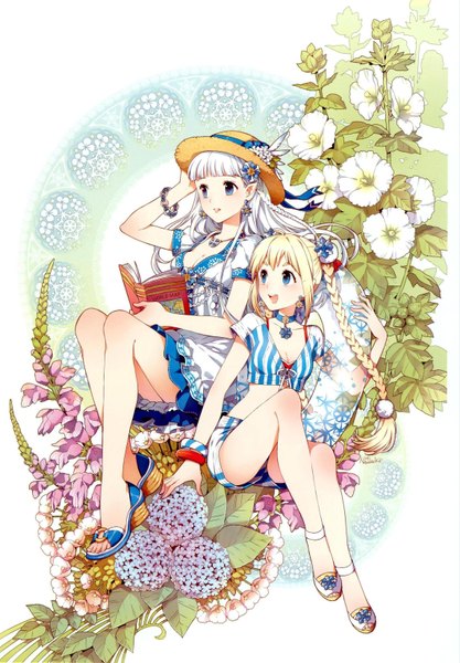 Anime picture 2292x3294 with last summer (artbook) original nardack long hair tall image highres breasts blue eyes blonde hair smile white background sitting multiple girls white hair braid (braids) hair flower pointy ears legs twin braids girl