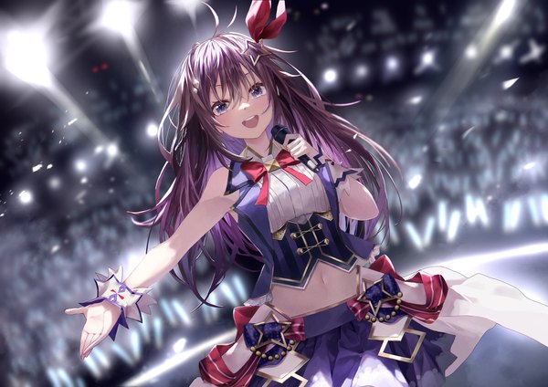 Anime picture 4093x2894 with virtual youtuber hololive tokino sora fudepenbrushpen single long hair fringe highres open mouth hair between eyes purple eyes absurdres purple hair ahoge :d midriff dutch angle sleeveless outstretched arm official alternate costume