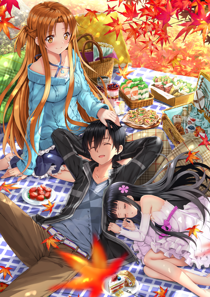 Anime-Bild 1102x1560 mit sword art online a-1 pictures yuuki asuna kirigaya kazuto yui (sao) swordsouls long hair tall image blush fringe short hair breasts open mouth black hair smile hair between eyes brown hair sitting bare shoulders multiple girls