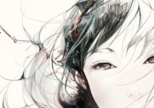 Anime picture 1280x896 with original tae (artist) single long hair looking at viewer fringe white background wind monochrome portrait close-up face girl