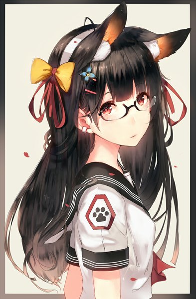 Anime picture 721x1100 with original hadean92 single long hair tall image looking at viewer black hair red eyes white background animal ears girl uniform hair ornament bow hair bow petals glasses serafuku hairband hairclip