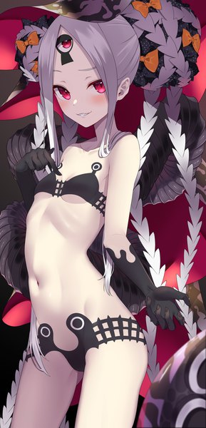 Anime picture 1928x4000 with fate (series) fate/grand order abigail williams (fate) abigail williams (swimsuit foreigner) (fate) jun (aousa0328) single long hair tall image looking at viewer blush highres breasts light erotic smile standing silver hair pink eyes teeth hair bun (hair buns) underboob