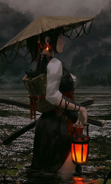 Anime picture 2472x4096 with original guweiz single tall image highres short hair breasts black hair standing holding looking away sky outdoors ponytail profile black eyes realistic short sleeves partially submerged glowing