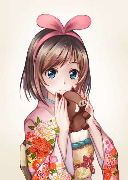 Anime picture 1004x1417 with virtual youtuber a.i. channel kizuna ai aila 49 single tall image looking at viewer blush fringe short hair blue eyes simple background smile brown hair white background upper body traditional clothes japanese clothes multicolored hair wide sleeves