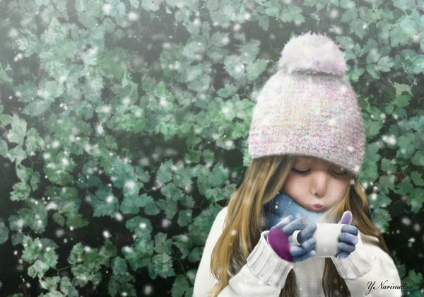 Аниме картинка 2000x1400 с оригинальное изображение nariyuki один (одна) длинные волосы высокое разрешение светлые волосы держать подписанный реалистичный снегопад зима пар от дыхания веснушки девушка перчатки шляпа шарф чашка