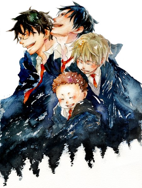 Anime picture 1131x1500 with harry potter sirius black james potter remus lupin peter pettigrew kusaco (artist) tall image blush short hair open mouth black hair simple background blonde hair brown hair white background eyes closed multiple boys happy group traditional media