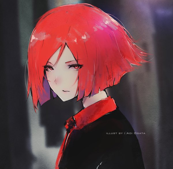 Anime picture 2755x2700 with original aoi ogata single looking at viewer highres simple background red eyes signed upper body red hair grey background portrait serious girl