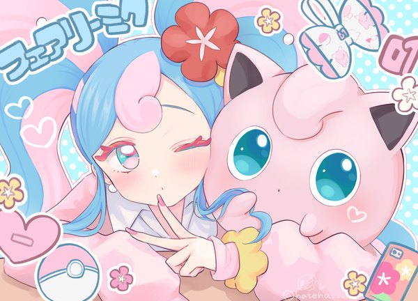 Anime picture 1800x1296 with pokemon vocaloid nintendo project voltage hatsune miku jigglypuff fairy miku (project voltage) masshirokachi single long hair blush highres twintails blue hair pink hair nail polish one eye closed multicolored hair hair flower wink