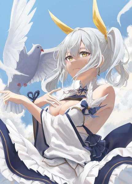 Anime picture 3031x4230 with original aoi 13 single tall image looking at viewer fringe highres short hair breasts light erotic hair between eyes large breasts twintails yellow eyes absurdres sky cleavage cloud (clouds) upper body outdoors