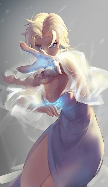 Anime picture 523x900 with frozen (disney) disney elsa (frozen) pandea work single long hair tall image looking at viewer breasts blue eyes light erotic simple background blonde hair large breasts standing braid (braids) grey background leaning leaning forward magic