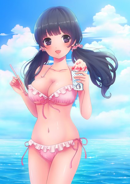 Anime picture 2149x3040 with original nanashiki fuuka single long hair tall image looking at viewer blush fringe highres breasts open mouth light erotic black hair large breasts purple eyes twintails bare shoulders holding sky cloud (clouds)