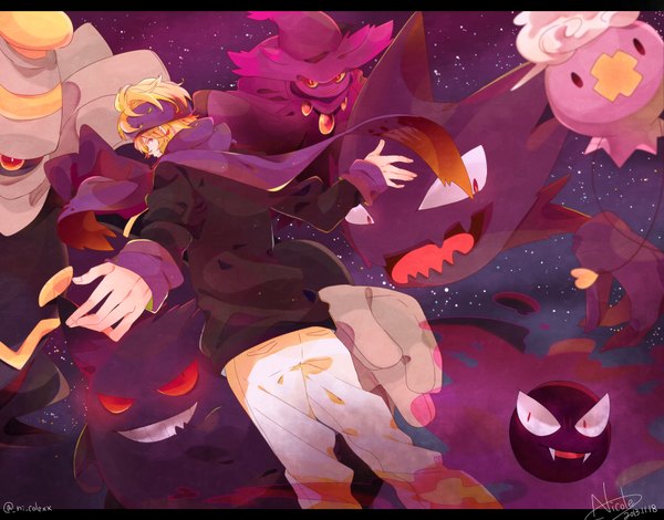 Anime-Bild 1800x1410 mit pokemon pokemon heartgold and soulsilver nintendo mismagius gastly gengar drifloon morty (pokemon) haunter dusknoir nicole (usako) looking at viewer highres short hair blonde hair signed profile from behind night spread arms