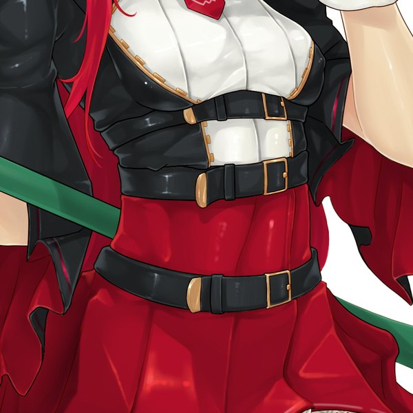 Anime picture 942x942 with dungeon and fighter caooll (co-ohol) single long hair breasts light erotic simple background white background nipples red hair wide sleeves close-up head out of frame girl dress