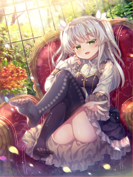 Anime picture 1000x1336 with dong-jin rice-hime suiji capura lin single long hair tall image looking at viewer blush fringe open mouth light erotic smile hair between eyes sitting green eyes payot silver hair full body bent knee (knees) ass