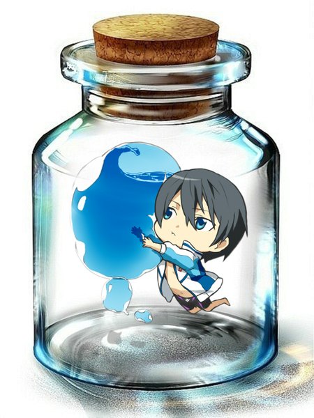 Anime picture 1000x1333 with free! kyoto animation nanase haruka (free!) single tall image short hair blue eyes black hair simple background standing white background open clothes open jacket chibi in bottle boy water jacket shorts bottle
