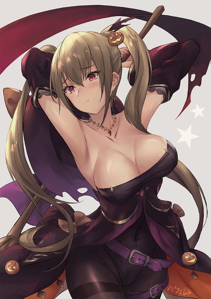 Anime picture 847x1200 with azur lane nelson (azur lane) nelson (lunar witch) (azur lane) parfaitlate single long hair tall image blush fringe breasts light erotic simple background hair between eyes red eyes brown hair large breasts standing twintails holding signed